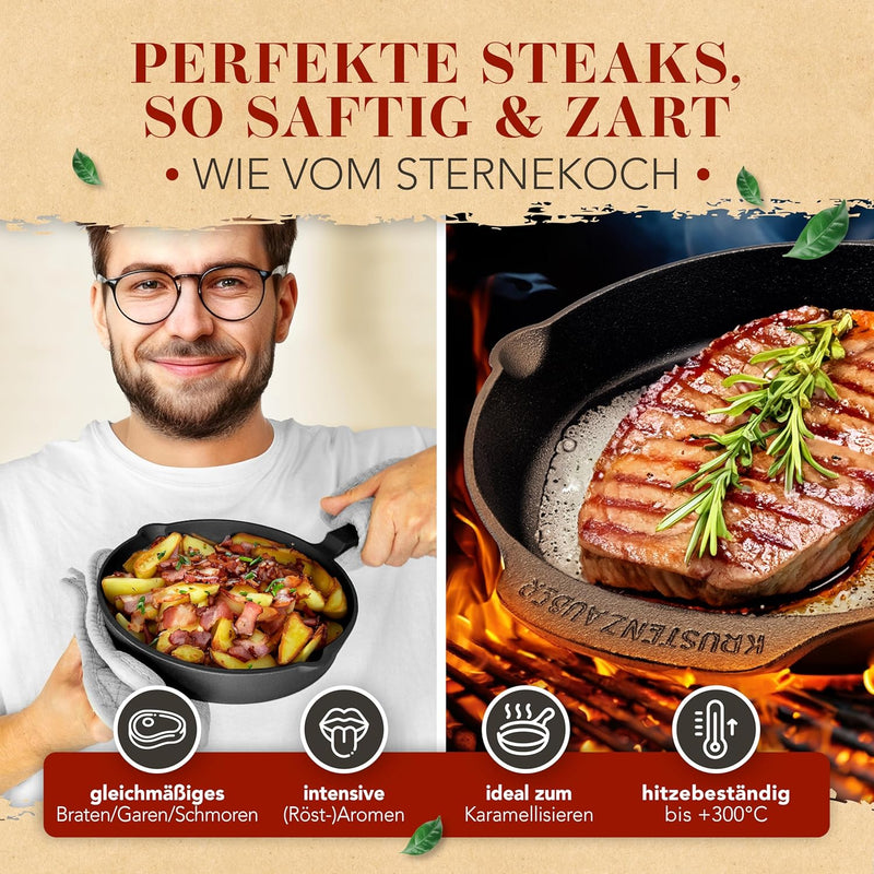 KRUSTENZAUBER 16+20+24cm Gusseisenpfannen Induktion - Voreingebrannte Gusseisen Pfannen - Ideale Gri