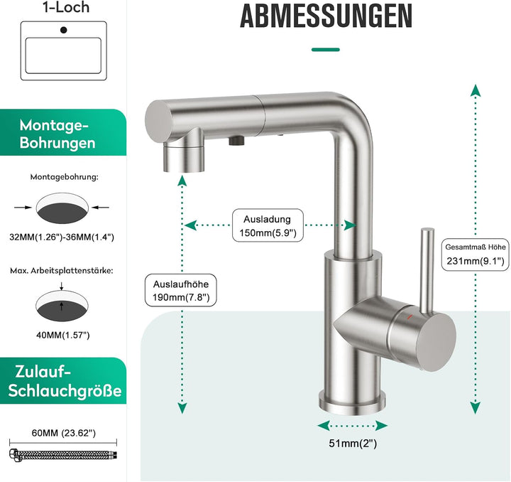 CREA Wasserhahn Küche mit 3 Funktionen Brause,360° Drehbar Hochdruck Einhebelmischer Mischbatterie S