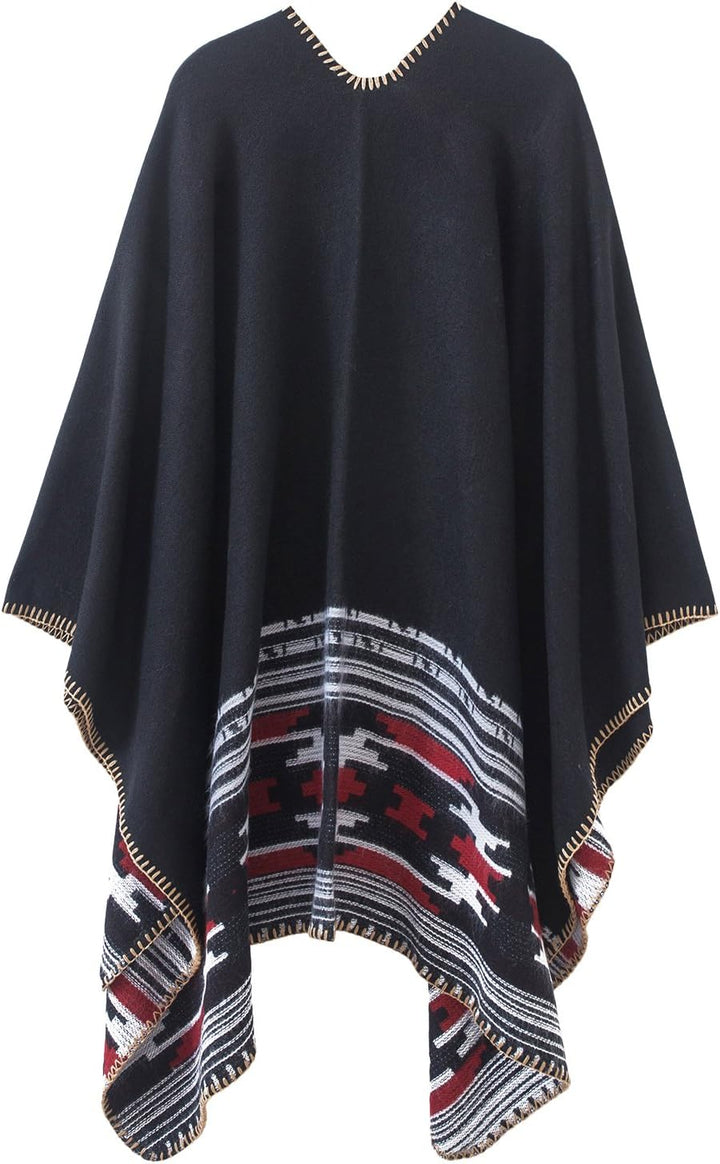 Damen Vintage Farbblocking Schal Wrap Open Front Poncho Übergrosse Winterdecke Elegant Cape Coat Ein