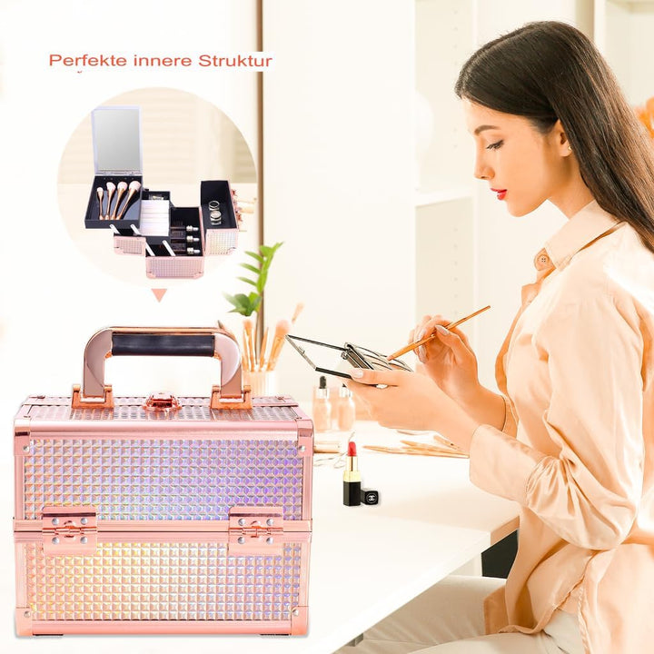Kosmetikkoffer Aluminium Schminkkoffer, Kosmetikkoffer Kosmetik Beautycase mit Spiegel, Tragegriff &