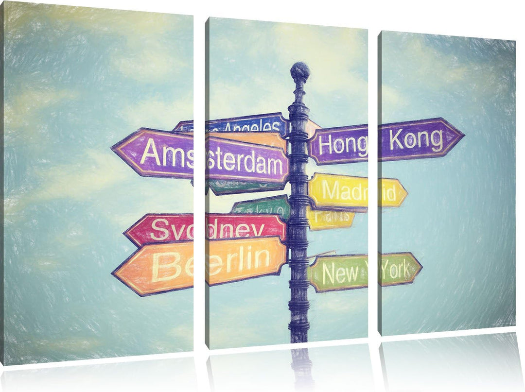 Pixxprint Städte Wegweiser als Leinwandbild/Grösse: 3 Teilig (120x80) cm/Wandbild/Kunstdruck/fertig