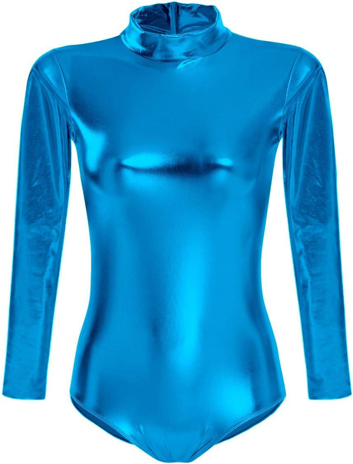FYMNSI Damen Glänzende Ballettanzug Ballettbody Sport Tanz Body Gymnastikanzug Trikot Langarm Bodysu