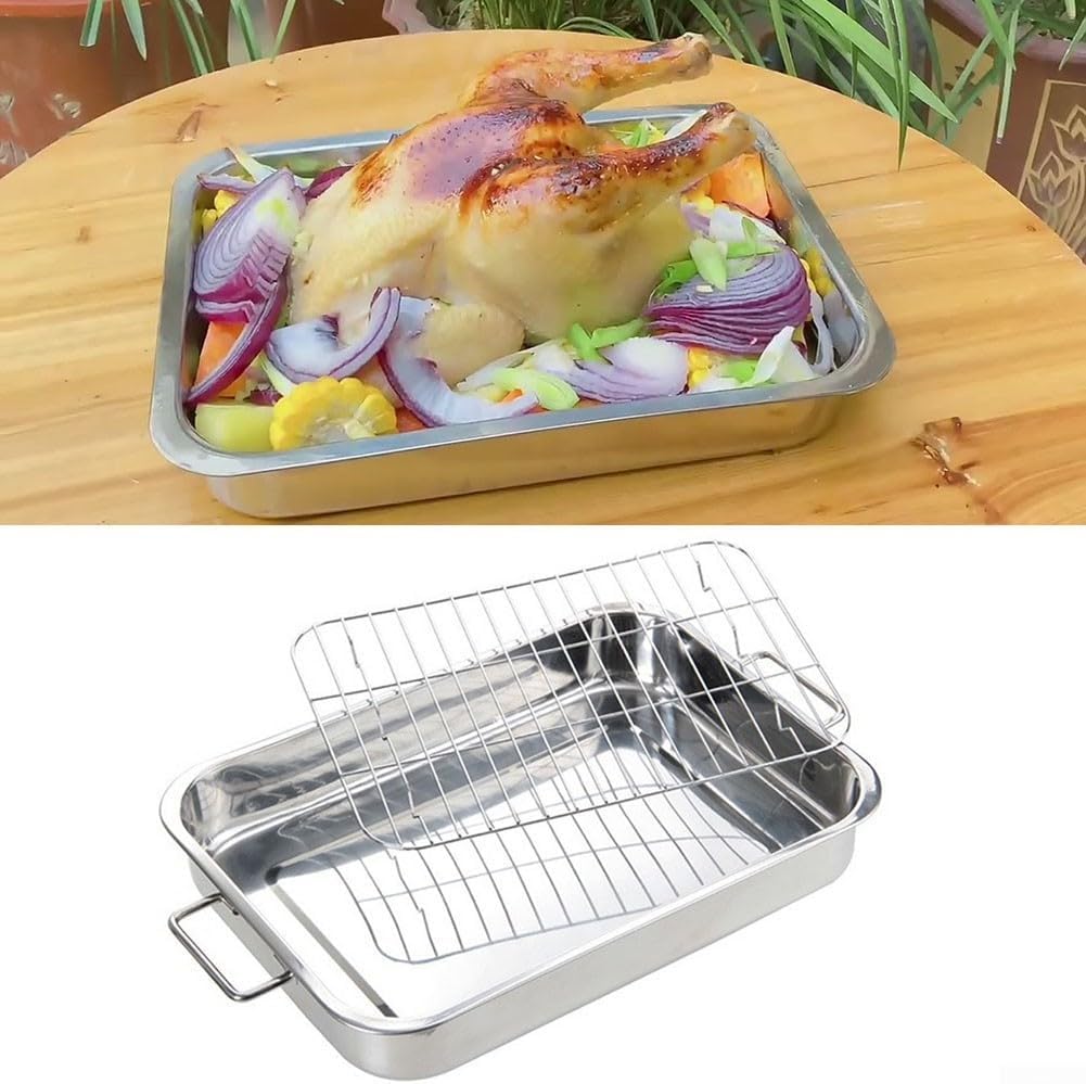 Bräter-Set, Edelstahl-Ofenpfanne mit Stahldraht, Backblech, Bräter, Grillrost mit Rost für Komfort (