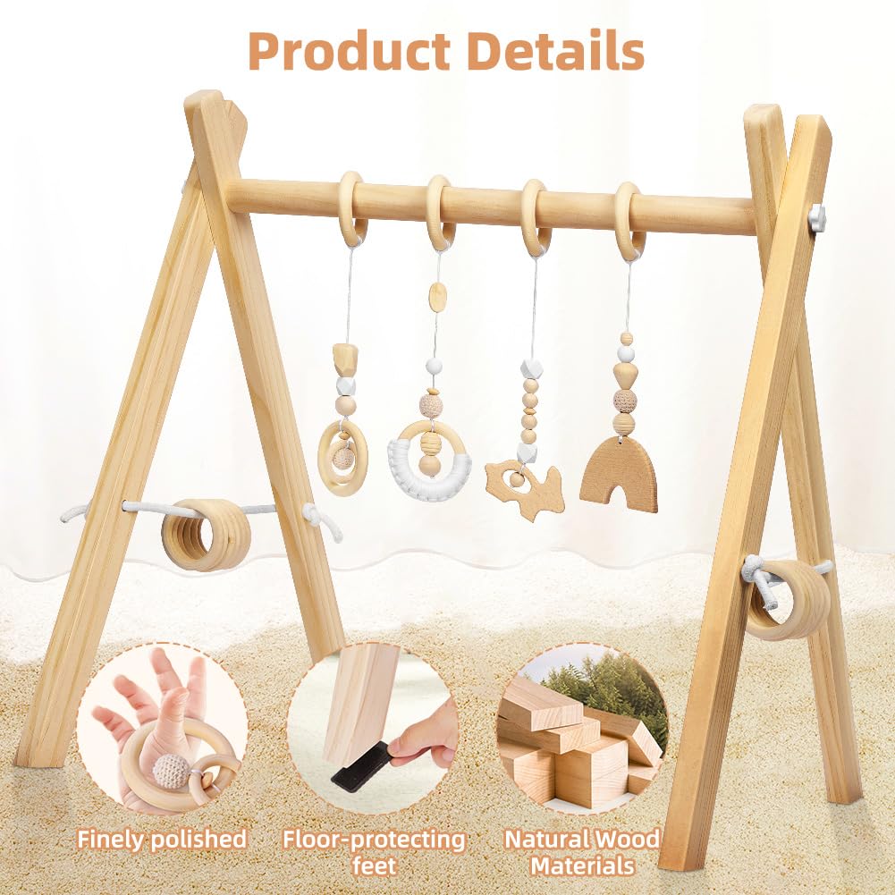 Vicloon Spielbogen Baby Holz, Spieltrapez Baby Spielsachen mit Activity Holz-Spielzeug, Spielbogen T