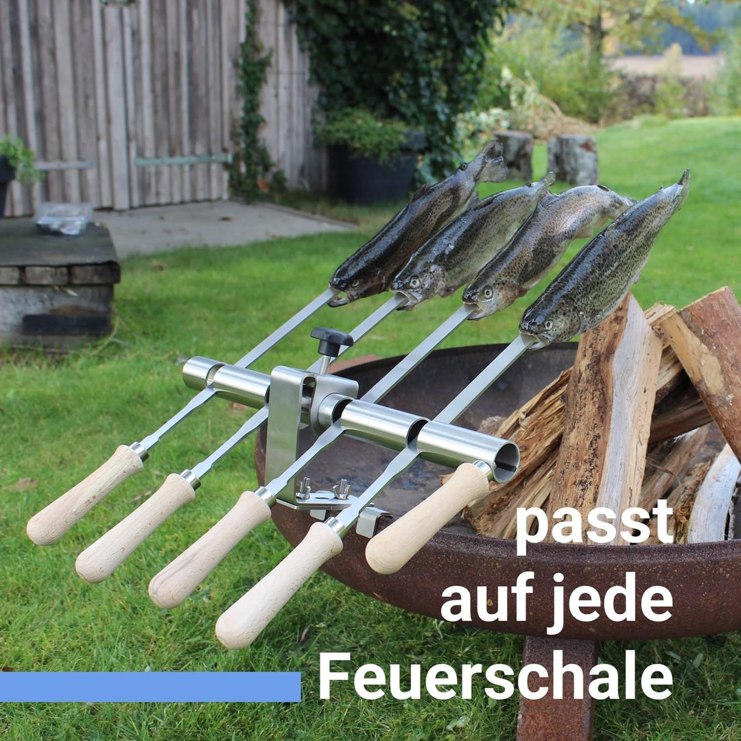 SCHILLING Fischgrilltechnik/Steckerlfisch Halter/Feuerschale/Feuertonne/Edelstahlspiesse / 4 Fische