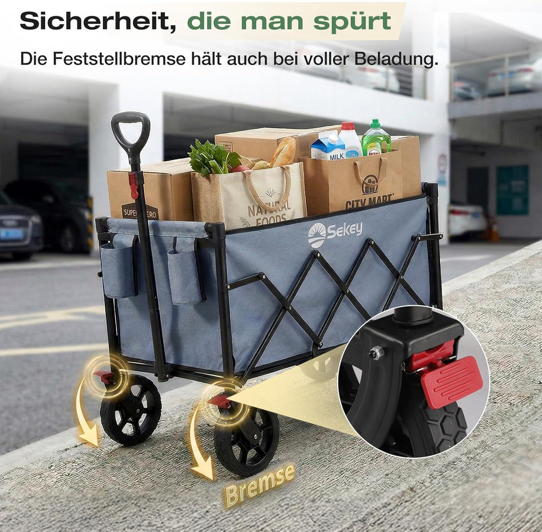Sekey Bollerwagen Faltbar 120L 100KG Belastbar, Transportwagen klappbar Geländetauglich mit Bremse,