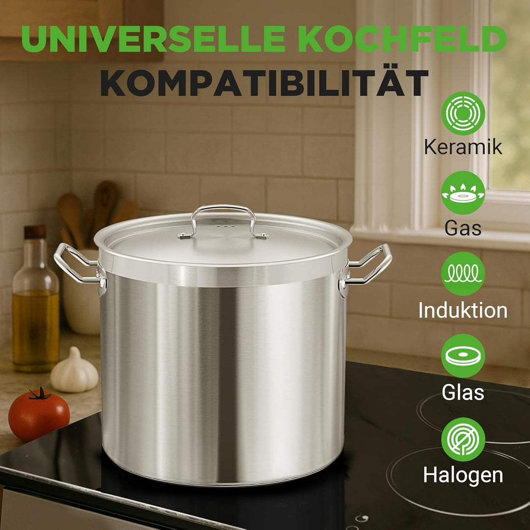 NutriChef Edelstahl Kochtopf 28,4L Induktion – Suppentopf mit Deckel, Profiqualität für Gastronomie