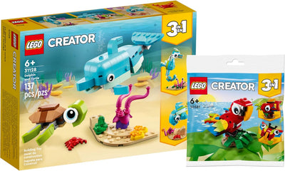 Lego Creator 3-in-1 Set: Delfin und Schildkröte 31128 + Tropischer Papagei 30581 (Polybag)
