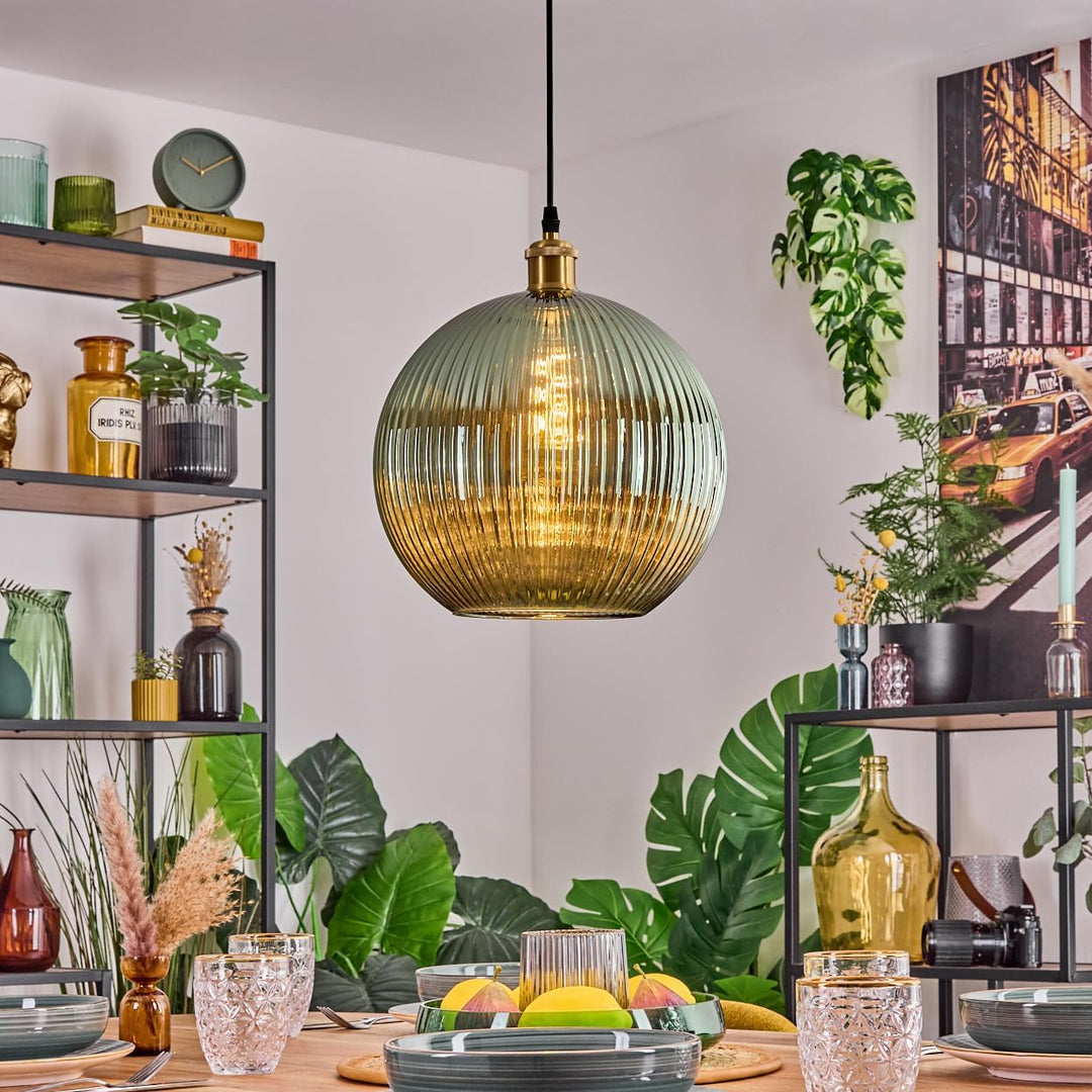 HOFSTEIN Hängeleuchte Koyoto, 1-flammige Hängelampe aus Metall/Riffelglas in Gold/Grün, moderne Pend