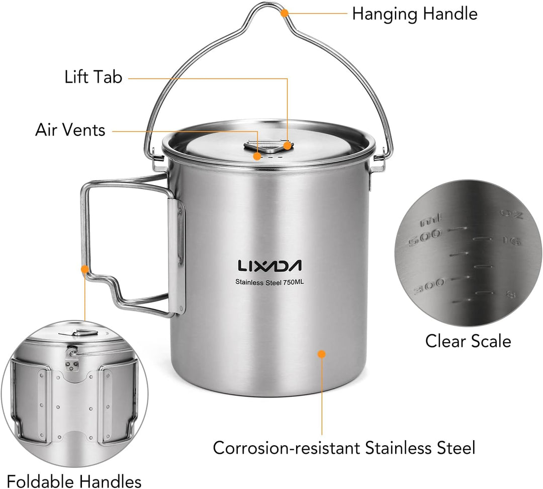 Lixada Camping Topf Edelstahl Titan Tasse Becher 750ml mit Faltbaren Griffe und Deckel Outdoor Tasse