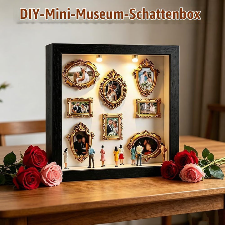 DIY Mini Museum Shadow Box mit LED Licht - Mini Bilderrahmen Vintage Set mit 8 Gold Rahmen &amp; 8 Figur