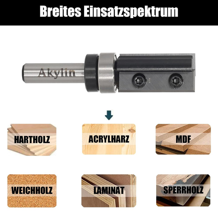 Wendeplatten Bündigfräser 8mm Schaft，4-seitigen Austauschbare Hartmetall Klinge，Bündigfräser Oberfrä