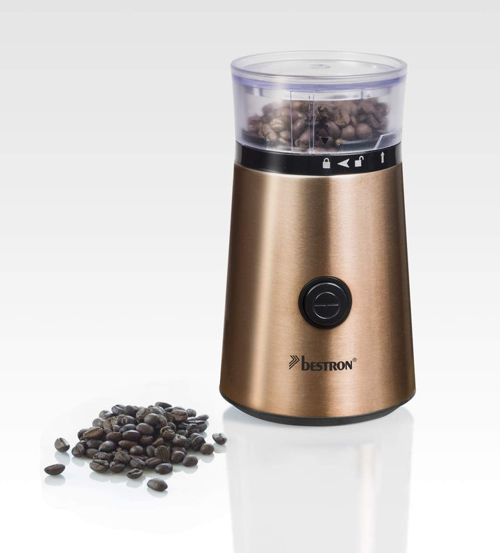 Bestron Elektrische Kaffeemühle mit Edelstahl-Schlagmesser, Füllmenge: 50g, 150 W, Edelstahl in Kupf