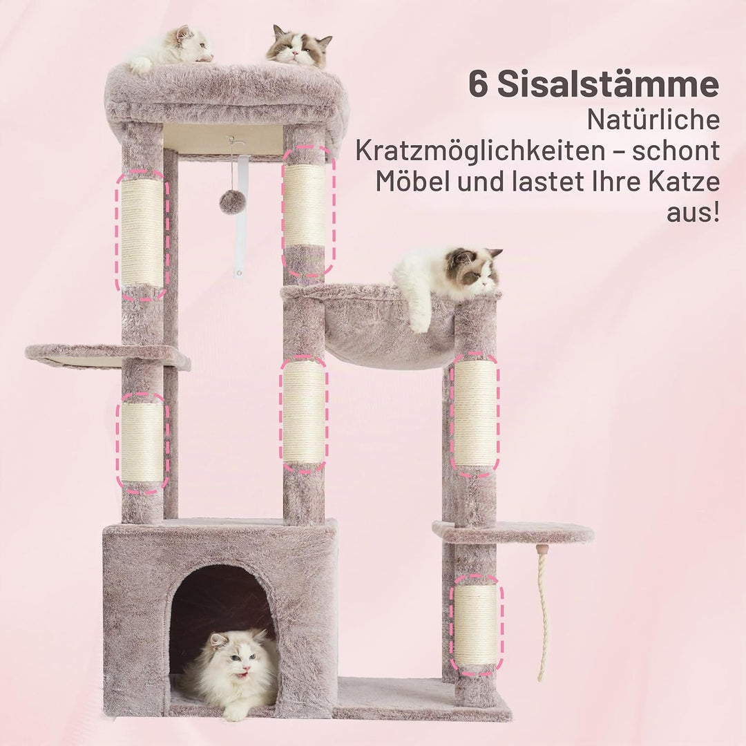 Heybly Kratzbaum 120cm - Grosser Katzenbaum für Erwachsene Katzen mit XL-Basis, Katzenwohnung mit Me