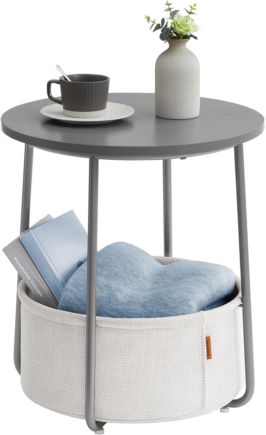 VASAGLE Beistelltisch rund, Kleiner Tisch, Couchtisch klein, Wohnzimmertisch, Korb aus Stoff, Staura