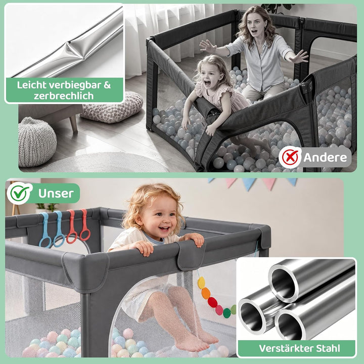 Laufstall Baby Robustes Laufgitter Playpen,Baby Gitter mit 4 Reissverschlusstür &amp; Starker Saugnapf |