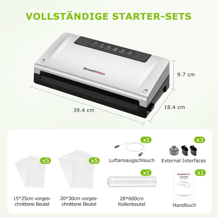Bonsenkitchen Vakuumiergerät, 5-Modus-Vakuumierer mit Cutter und Rollenbeutelaufbewahrung, für Konti