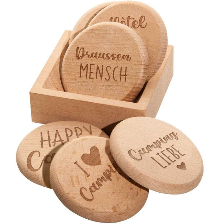 Spruchreif · Bierdeckel mit Camping-Sprüchen aus hochwertigem Buchenholz · 2in1 Untersetzer und Deck