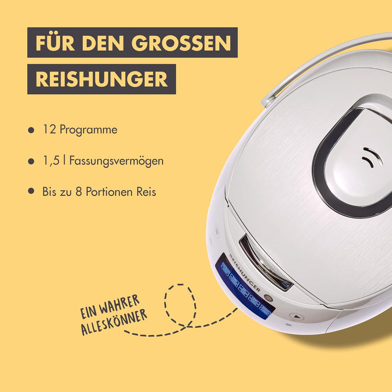 Reishunger Digitaler Reiskocher & Dampfgarer Grau + Gratis Kochbuch – Warmhaltefunktion, Timer & Pre