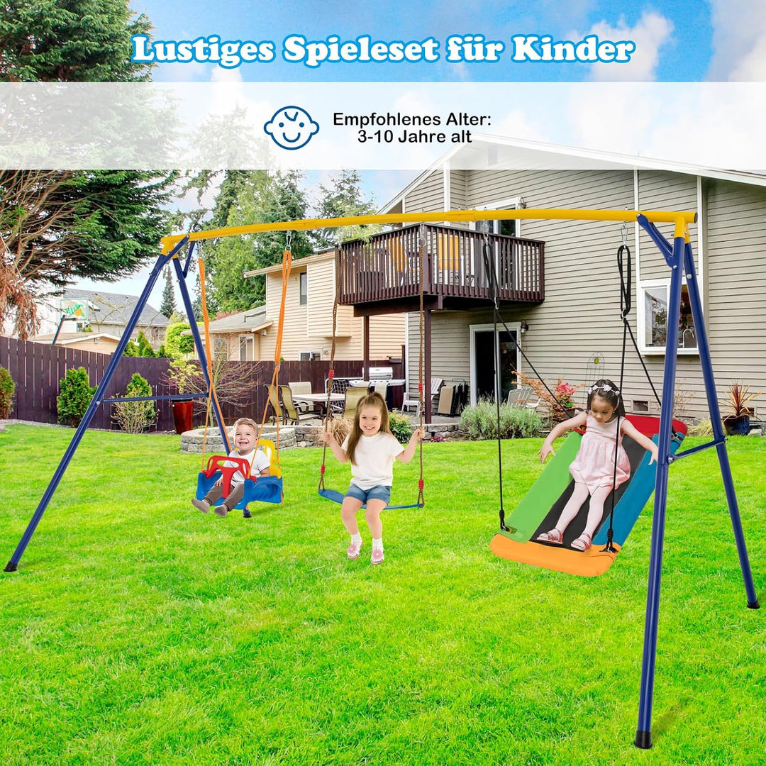 COSTWAY Schaukel mit Gestell Outdoor, Schaukelgestell Metall mit Erdspiessen | Schaukelgerüst mit Ne