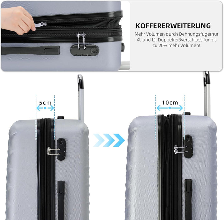 BEIBYE Zwillingsrollen 2066 Hartschale Trolley Koffer Reisekoffer Gepäck M-L-XL-Set (Silber, L) Silb