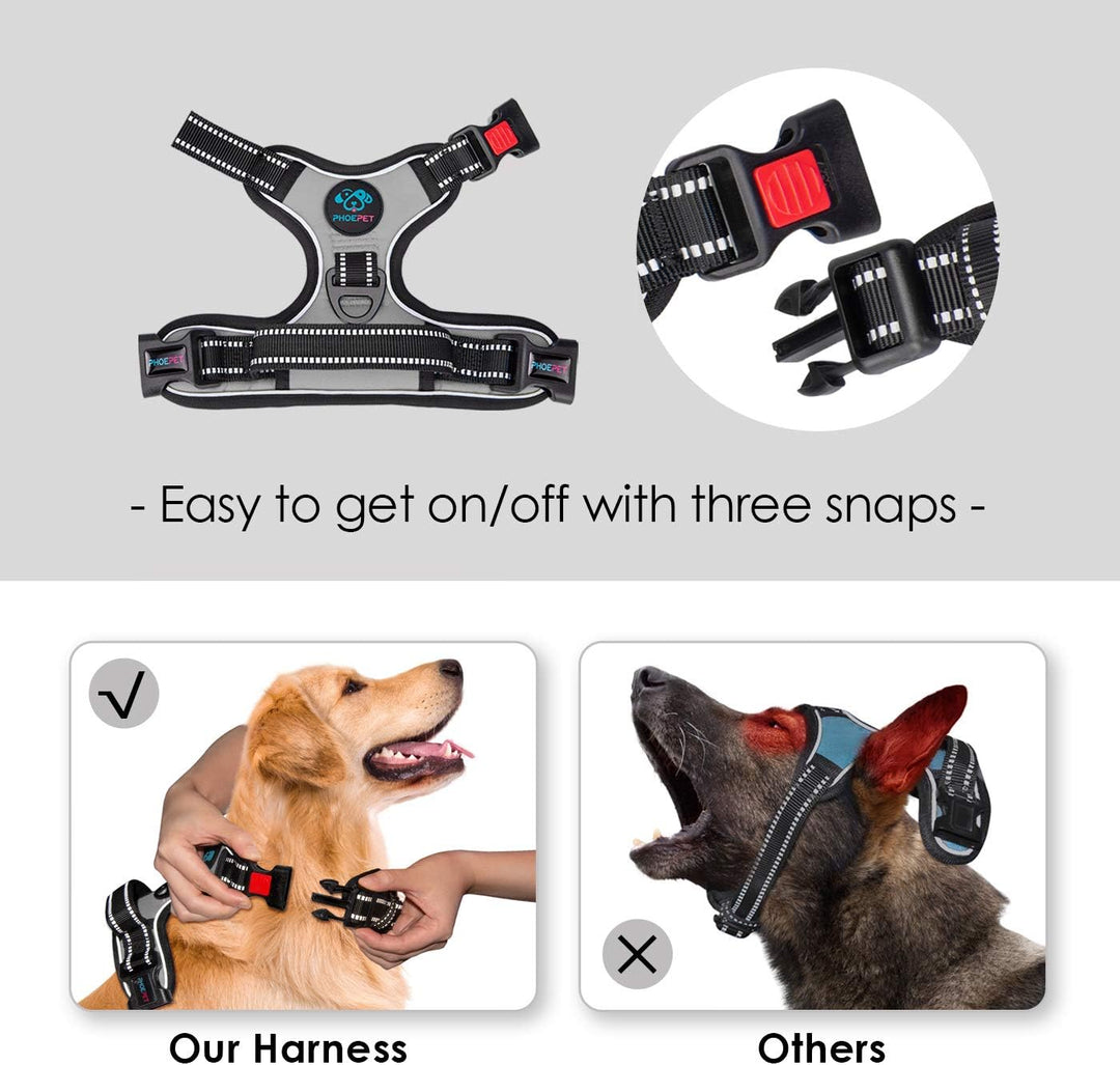 Phoepet Anti-Zieh-Hundegeschirr, reflektierend, verstellbar, mit Trainingsgriff, Namensausweisfach,