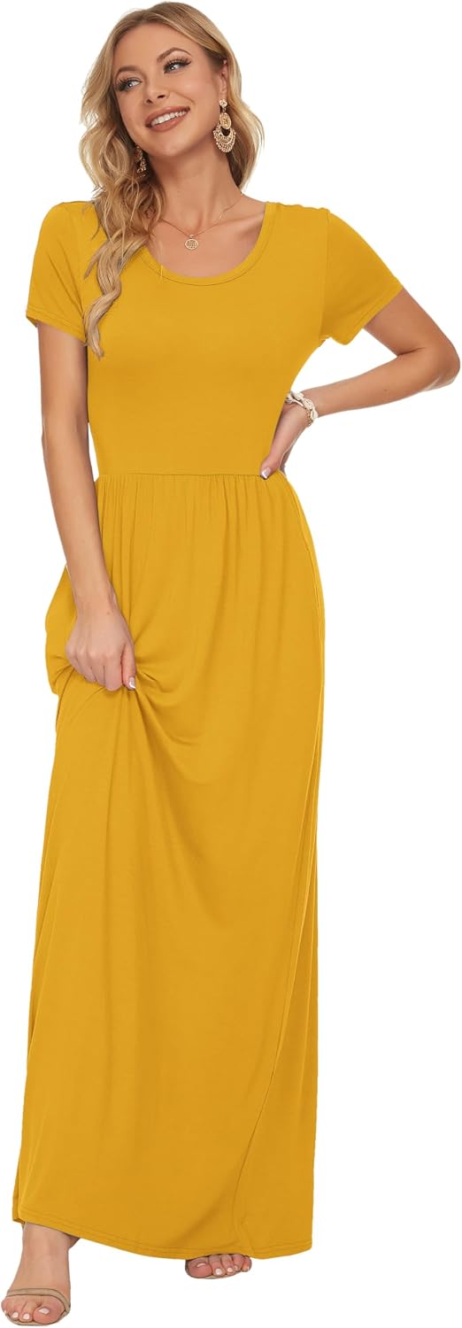 AUSELILY Damen Kurzarm Sommer Casual Long Maxi Kleider mit Taschen Gelb XS, Gelb XS