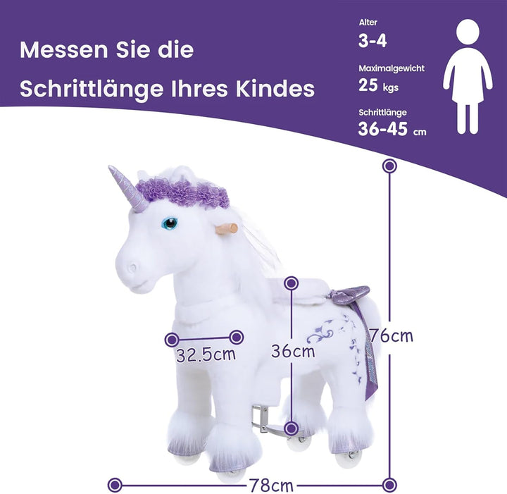 PonyCycle Einhorn Reitspielzeug, für Kinder 3–4 Jahre, 76cm Hoch, Einhorn auf Rollen mit Handbremse,