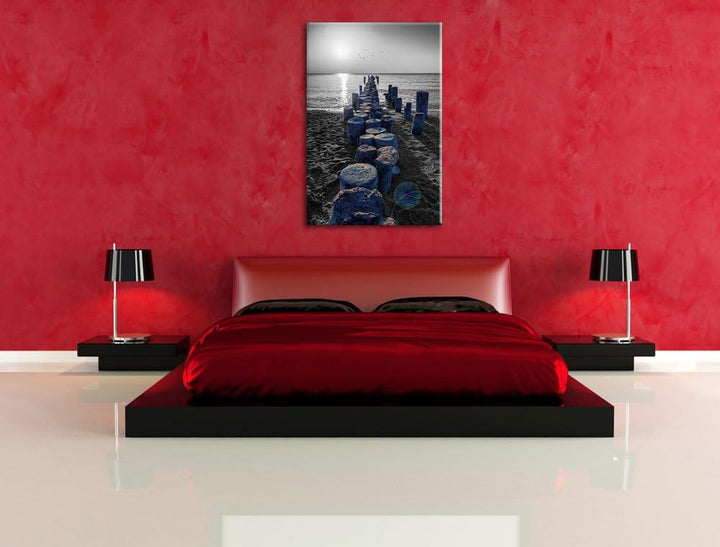 einzigartige Baumstümpfe am Meer schwarz/weiss Format: 100x70 auf Leinwand, XXL riesige Bilder ferti
