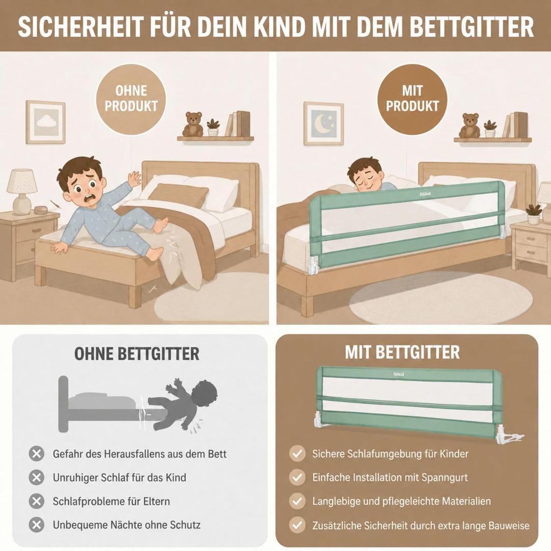 Fillikid Bettgitter Lina XL 180 x 50 cm Exklusiv | Rausfallschutz für Kinderbett & Boxspringbett | K