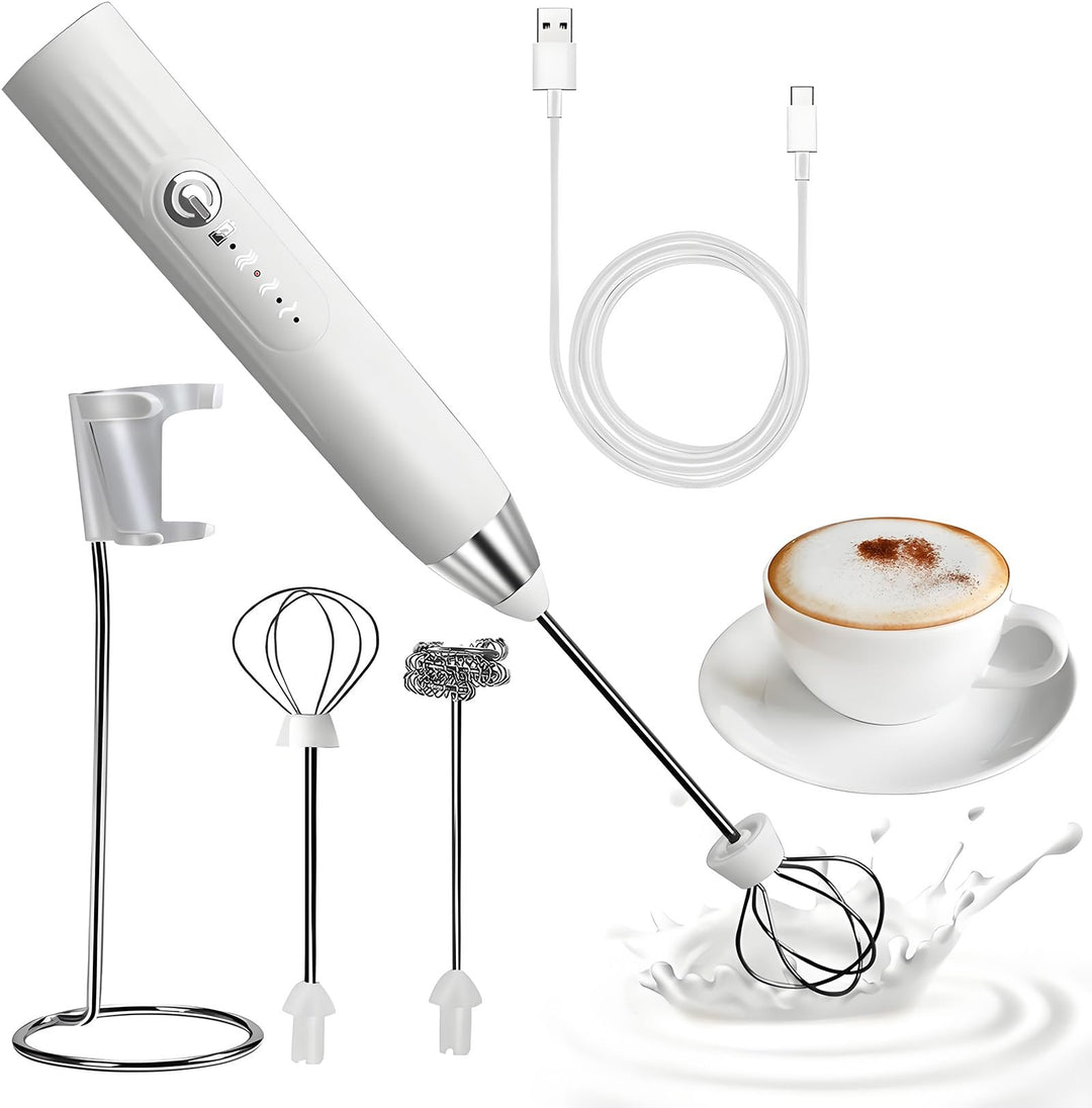 Elektrischer Milchaufschäumer Stab USB-wiederaufladbar 3 Einstellbare, 2 Schneebesen, Ständer Shaker