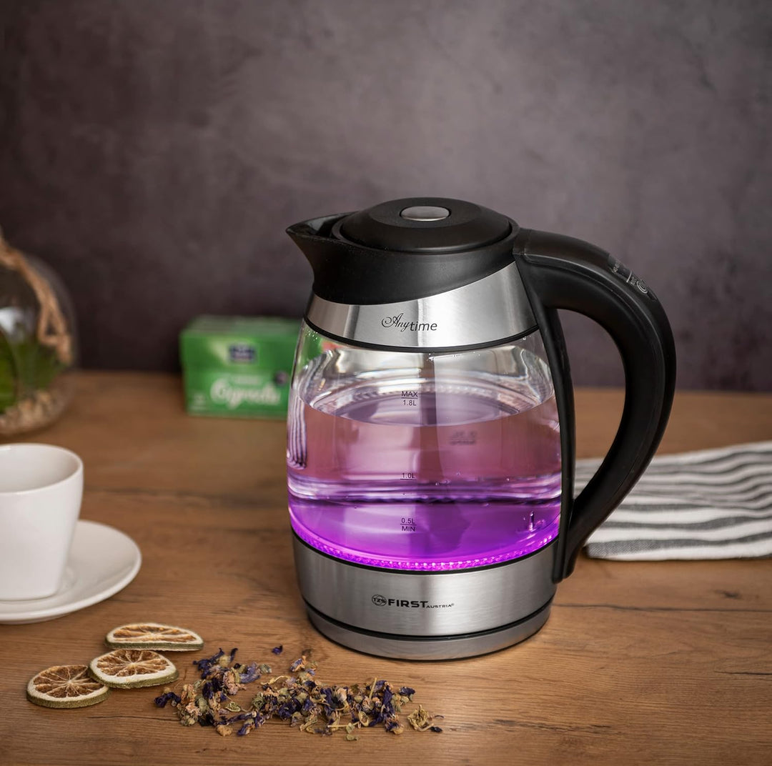 TZS First Austria Edelstahl Glaswasserkocher mit Teefilter 1,8L, 2200W, Temperatureinstellung 40 Gra