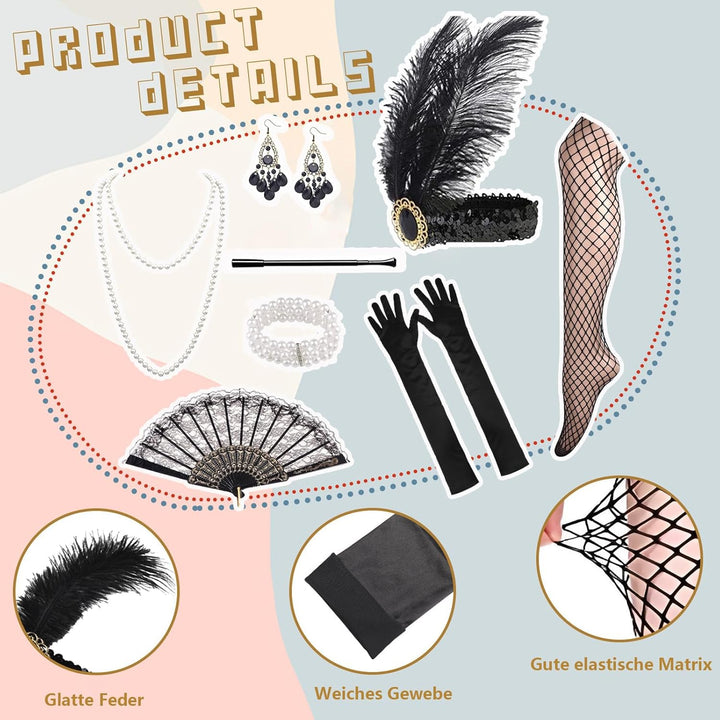 12 Stück 1920er Charleston Kleid Jahre V-Ausschnitt Pailletten Perlen Fransen Kleid mit 20er Jahre A