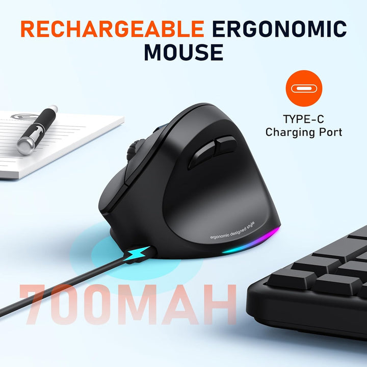 MEETION Ergonomische Maus, Kabellose Vertikale Maus RGB Wiederaufladbare Funkmaus für Bluetooth(5.2