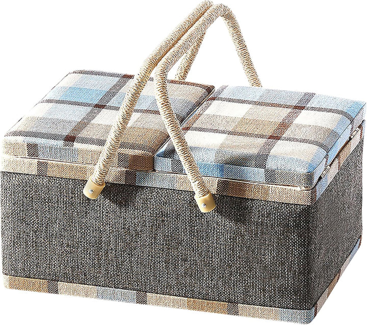 Kobolo Nähkästchen Nähkorb Nähkörbchen Nähkasten - blau kariert - Stoff - 33x23x17 cm