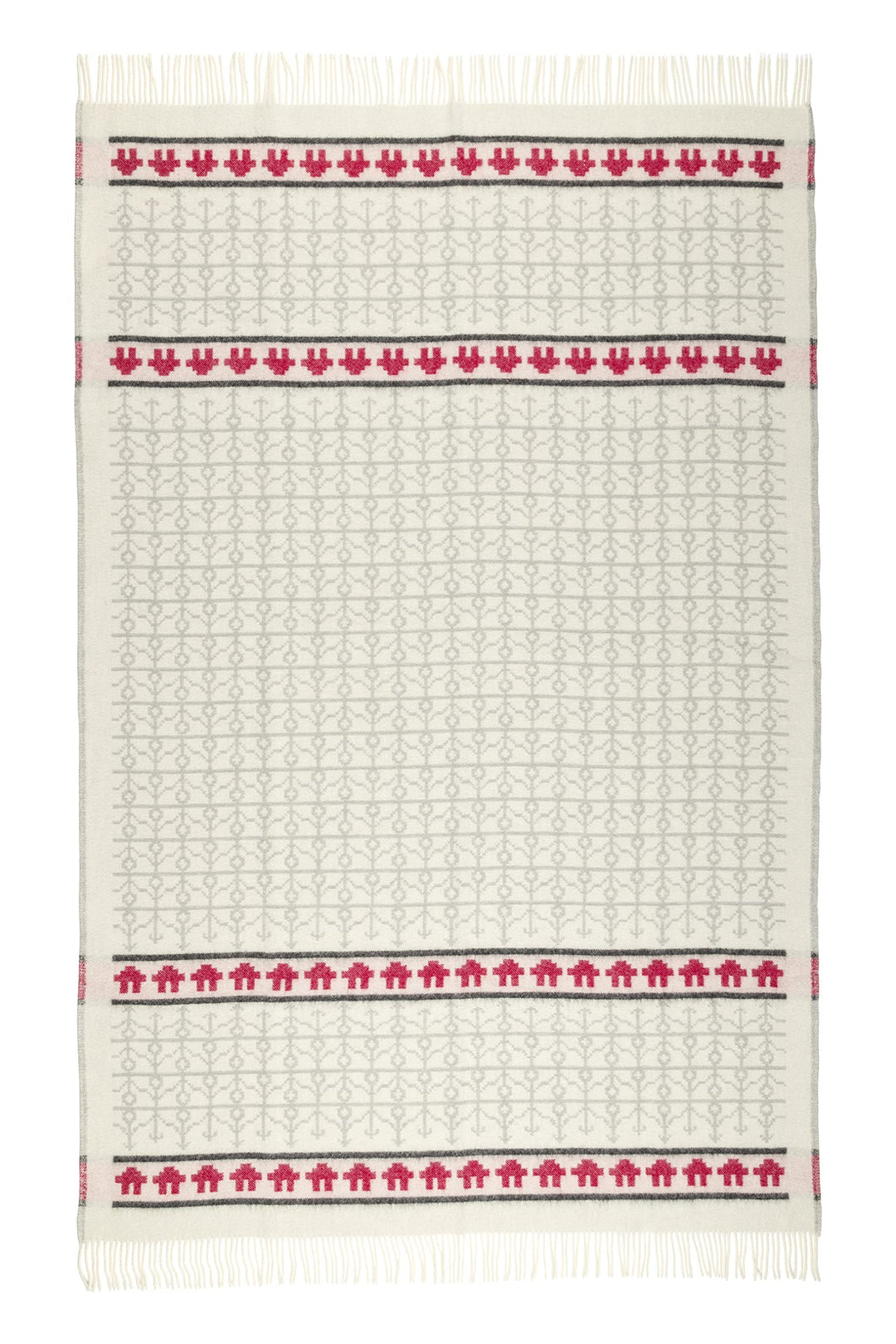 ÖJBRO VANTFABRIK "Ekshärad Kalk gewebte Wolldecke mit Fransen 130x220 cm Natur/grau/rot 100% Merinow