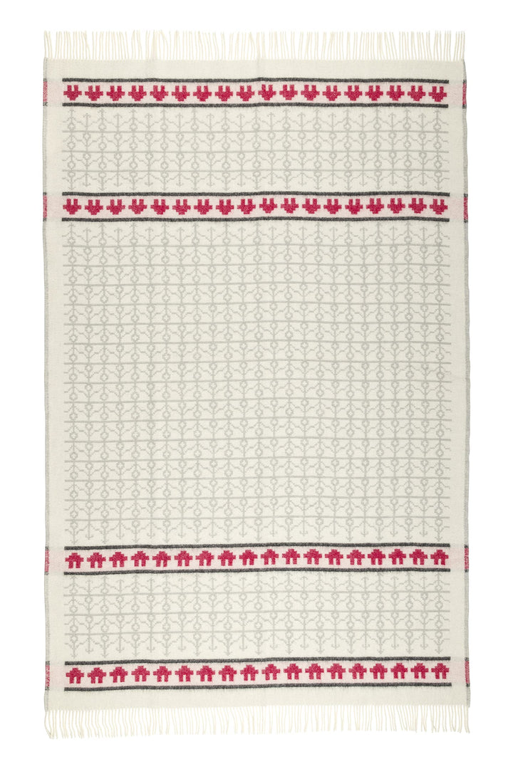 ÖJBRO VANTFABRIK "Ekshärad Kalk gewebte Wolldecke mit Fransen 130x220 cm Natur/grau/rot 100% Merinow