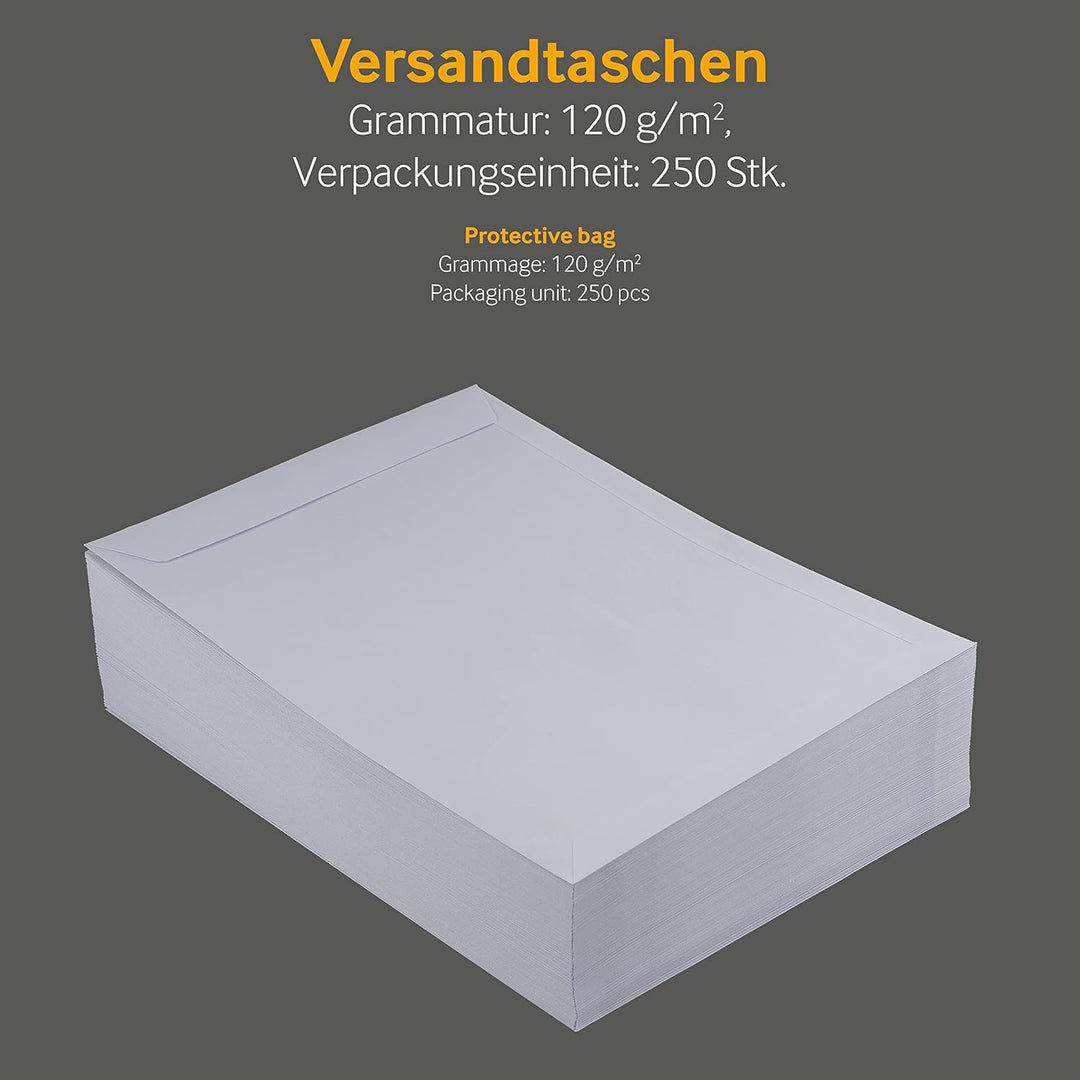 Blanke Briefhüllen, Versandtaschen, 250 Stück, Haftklebung, Mit Fenster, Gerade Klappe, DIN C4,120 g