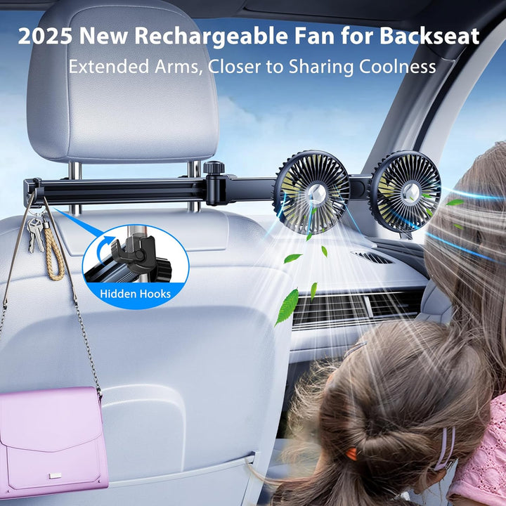 Akku-Ventilator für Auto-Rücksitz mit einziehbarem langem Arm, [Geschenk-Kfz-Ladegerät & USB-C-Kabel