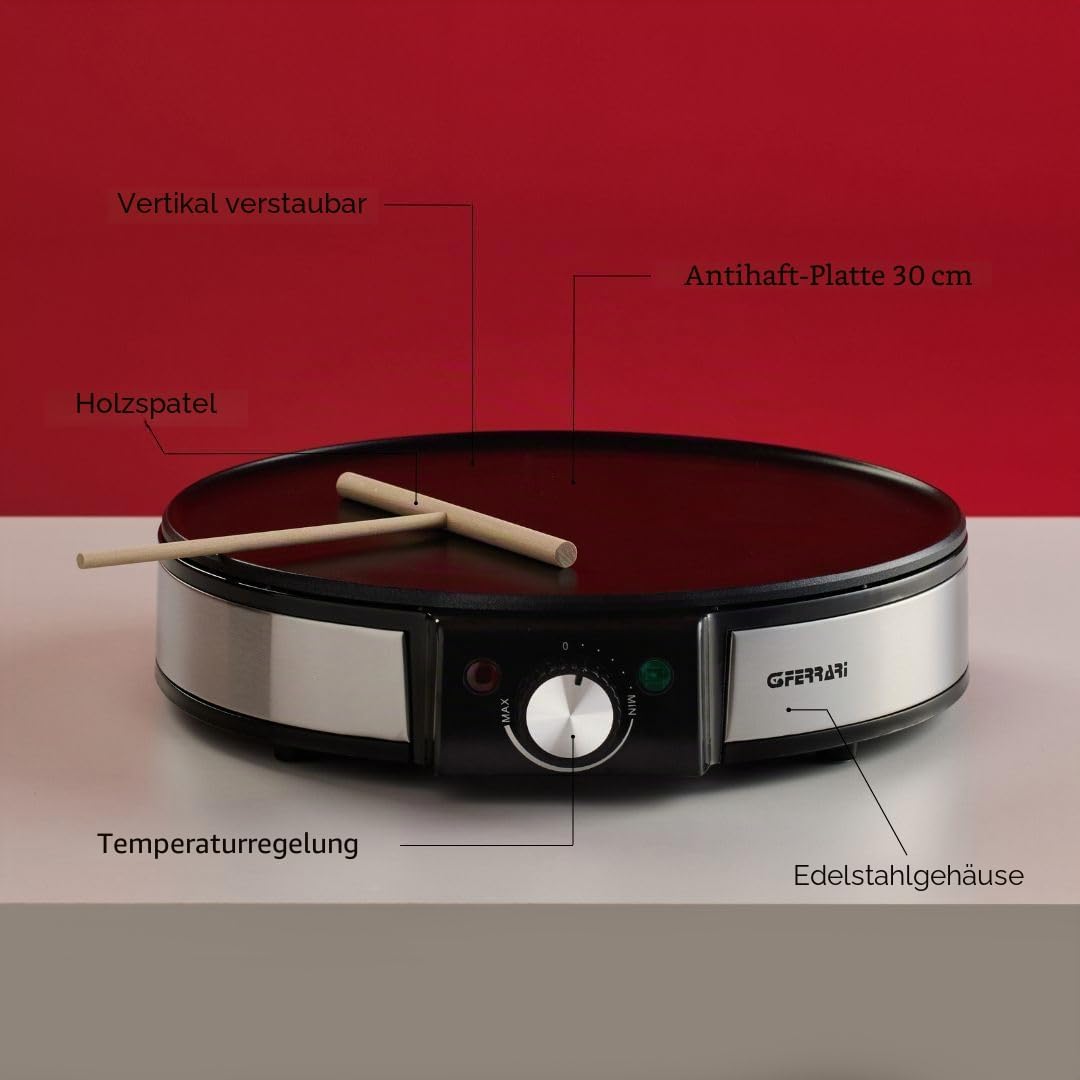 G3 Ferrari G10098 Profi-Crepe-Pfanne aus Edelstahl, Temperaturregelung, Durchmesser 30 cm, 1200 W