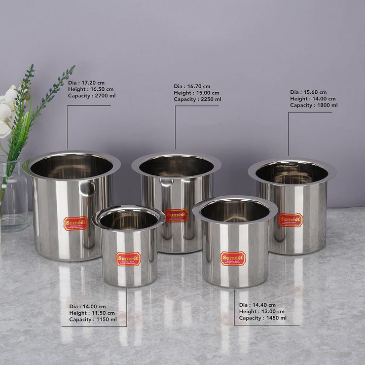 Sumeet Edelstahl Ganj/Milchkessel/Milchtopf/langes Tapeli-Set von 5 Stück (1150 ml, 1450 ml, 1800 ml