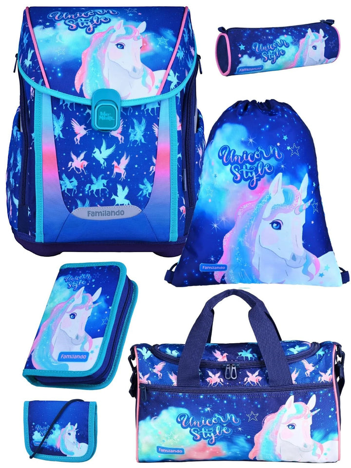 Familando - Premium Schulranzen Set - 6-teilig mit Sporttasche - Unicorn (Einhorn) - Ergonomisch, st