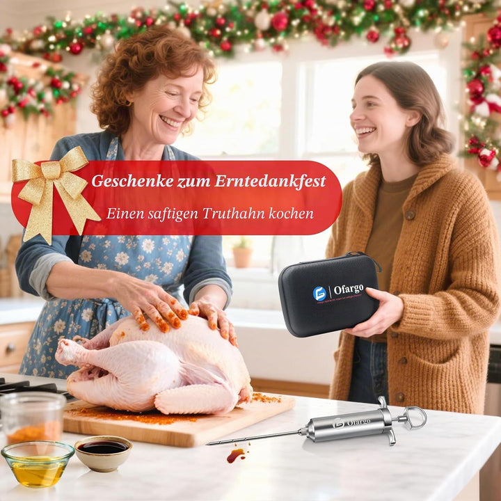 Ofargo Fleischspritze aus 304-Edelstahl, mit 4 Marinadennadeln und Reiseetui für Grill, Räuchern, 57
