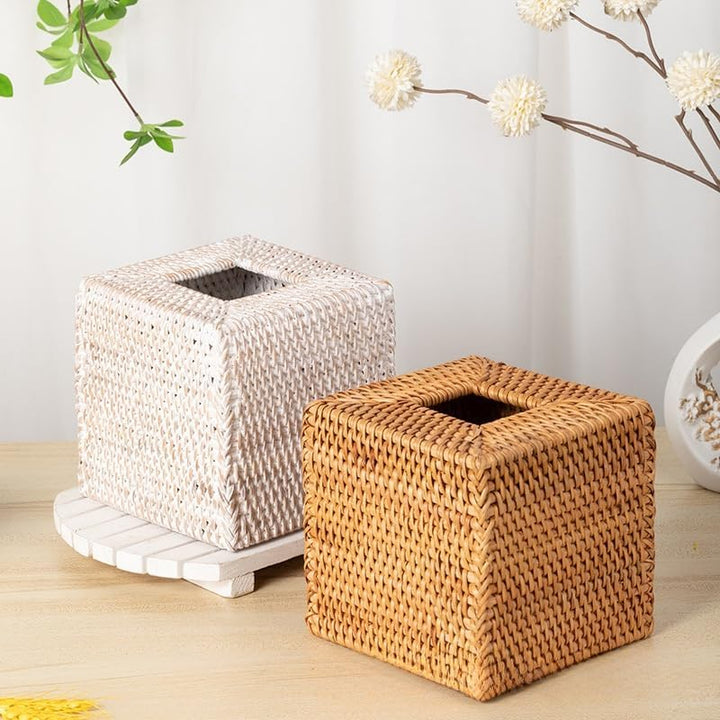 Kosmetiktücherbox aus Rattan, Quadratische Geflochtener Tücherbox Halter, Gewebter Gesichtstuchhalte
