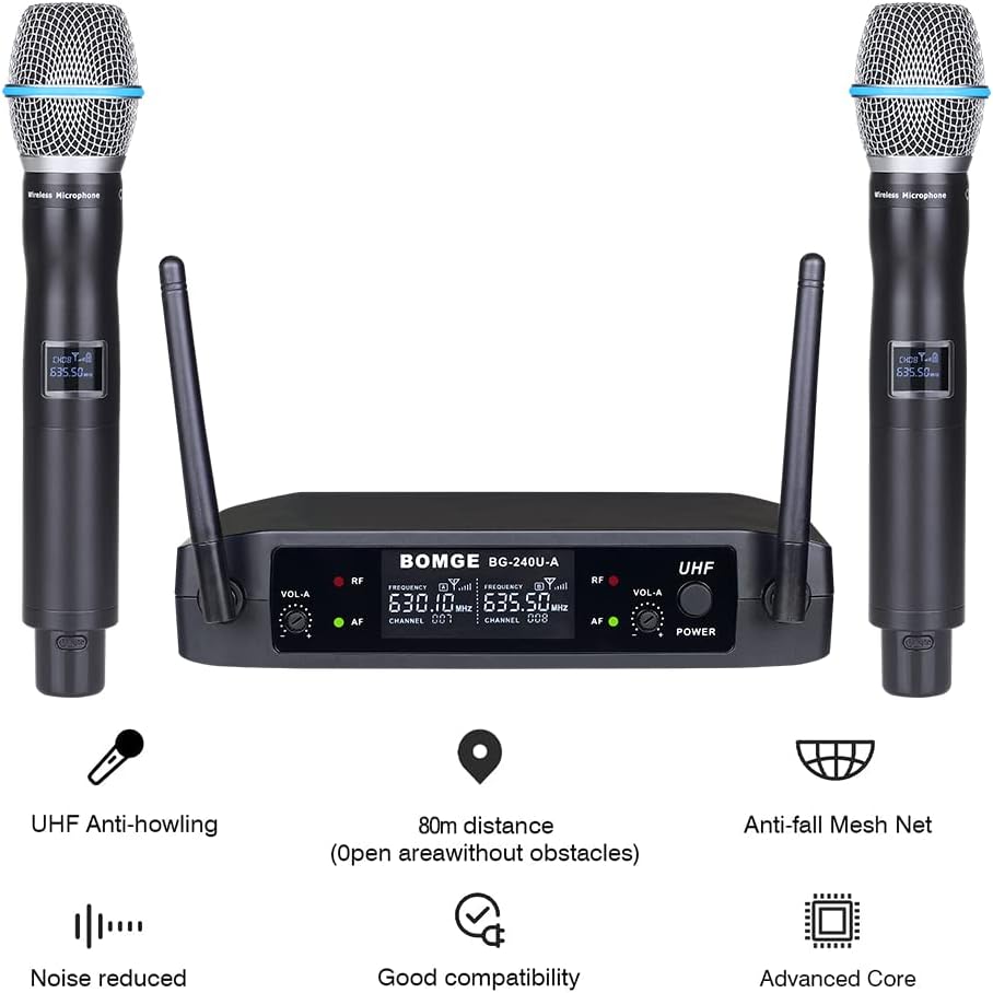 BOMGE UHF Metall Dual Handheld Wireless Mikrofone & Systeme für Karaoke, Gesang, Meeting, Party, Kir