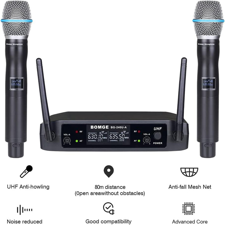 BOMGE UHF Metall Dual Handheld Wireless Mikrofone & Systeme für Karaoke, Gesang, Meeting, Party, Kir