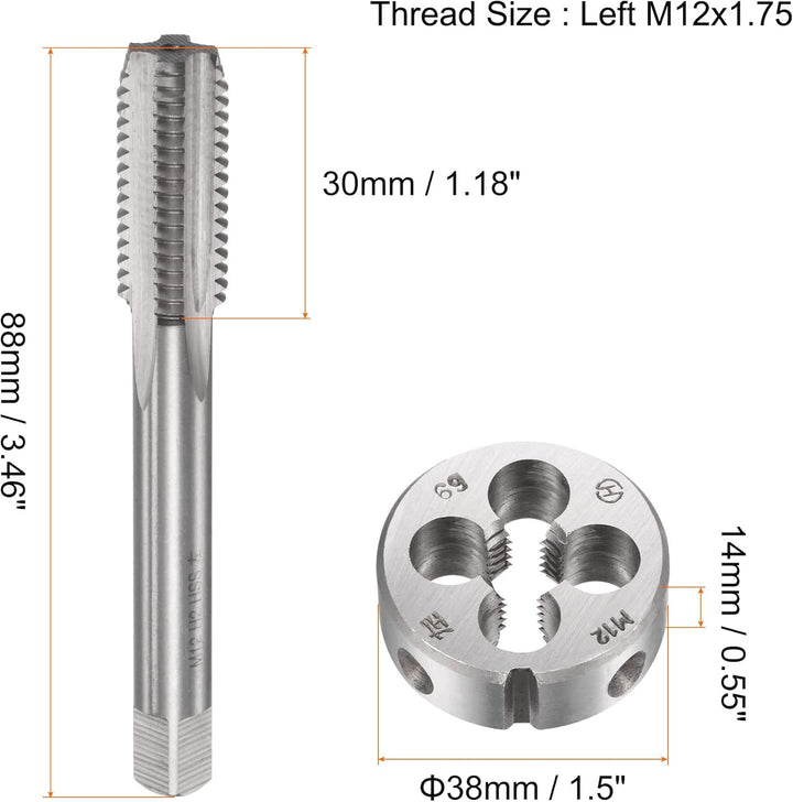 sourcing map Gewindebohrer und Schneideisensätze M12 x 1.75 Metrische Linksgewinde mit Gerade Nut un