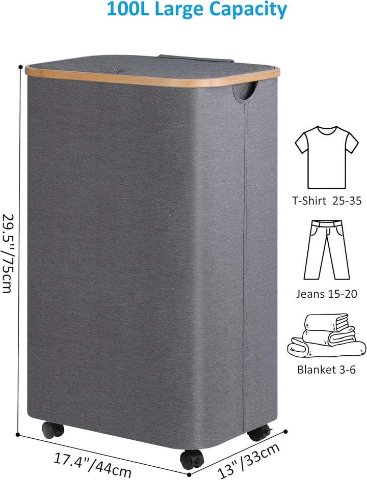 efluky Wäschekorb mit Rollen 100L, XL Wäschekorb mit Deckel mit Herausnehmbarer und Waschbarer Innen