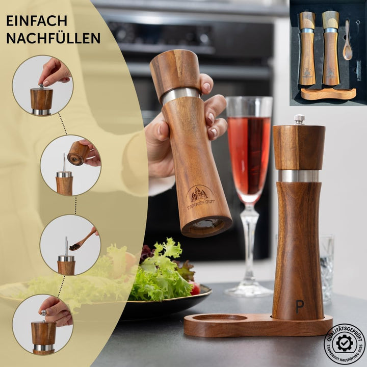 Salz und Pfeffermühle (5-teilig) |Gewürzmühlen aus Holz mit Untersetzer Löffel und Bürste |Keramikma