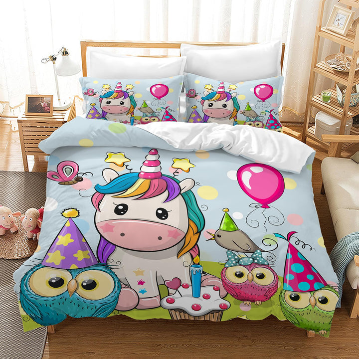 Kinder Einhorn Bettwäsche Mädchen-Bettwäsche Set Rosa 3D Cartoon Einhorn Bunt Blume drucken Bettbezu